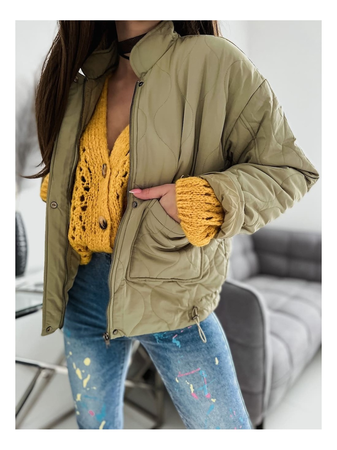 Damen-Steppjacke mit Stehkragen, olivgrün SF13 - Online-Shop - Boutique